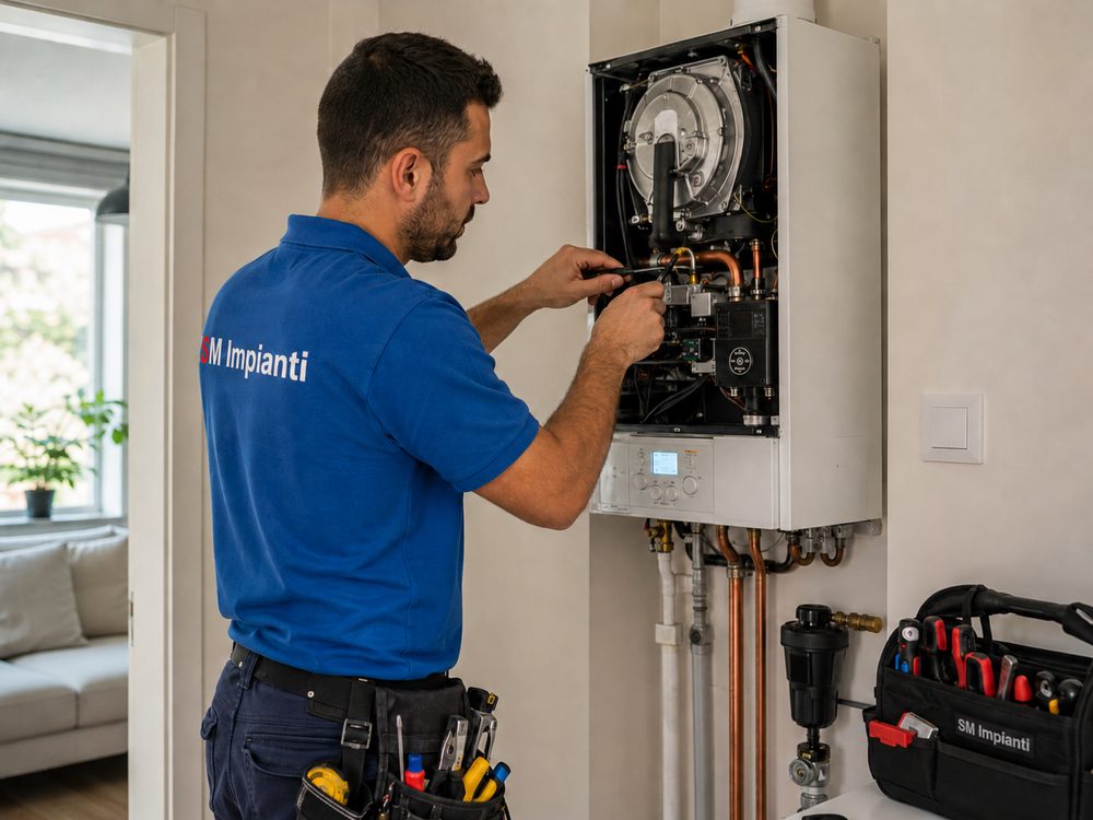 Tecnico SM Impianti durante la manutenzione di una caldaia a gas