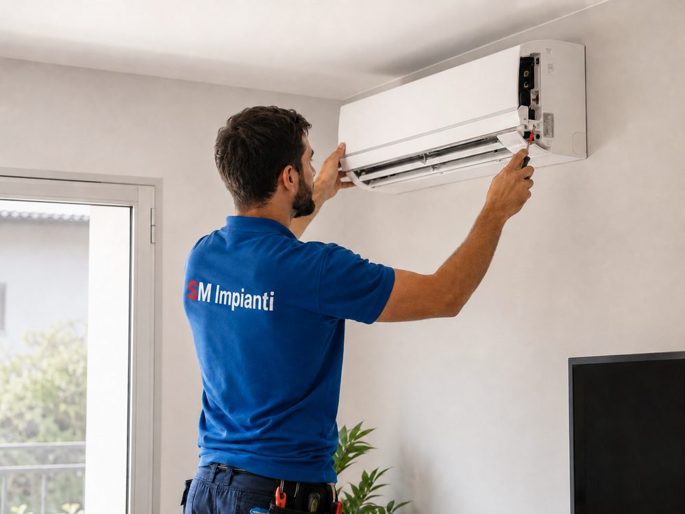 Tecnico SM Impianti installa un climatizzatore a parete