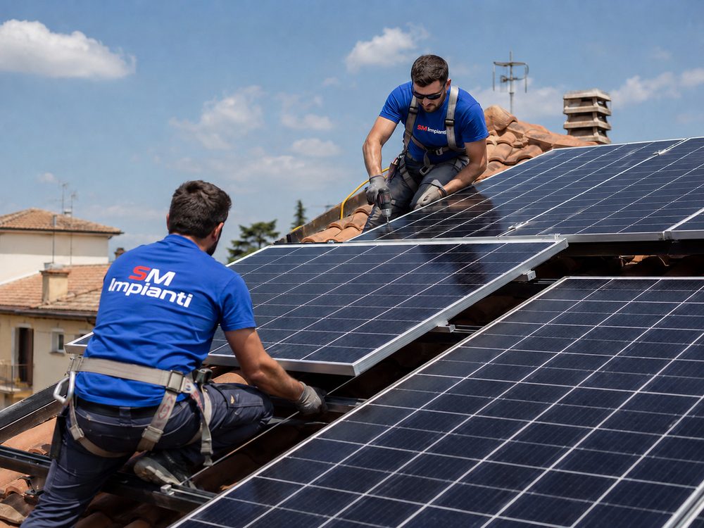 Tecnici SM Impianti installano pannelli fotovoltaici sul tetto