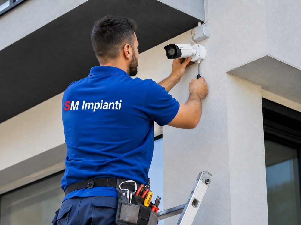 Tecnico SM Impianti installa una telecamera di videosorveglianza